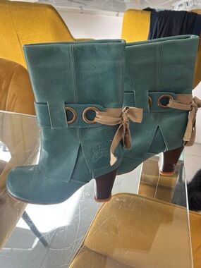 John Fluevog Teal Leather Mid-Calf Heeled Boots with Tan Bow